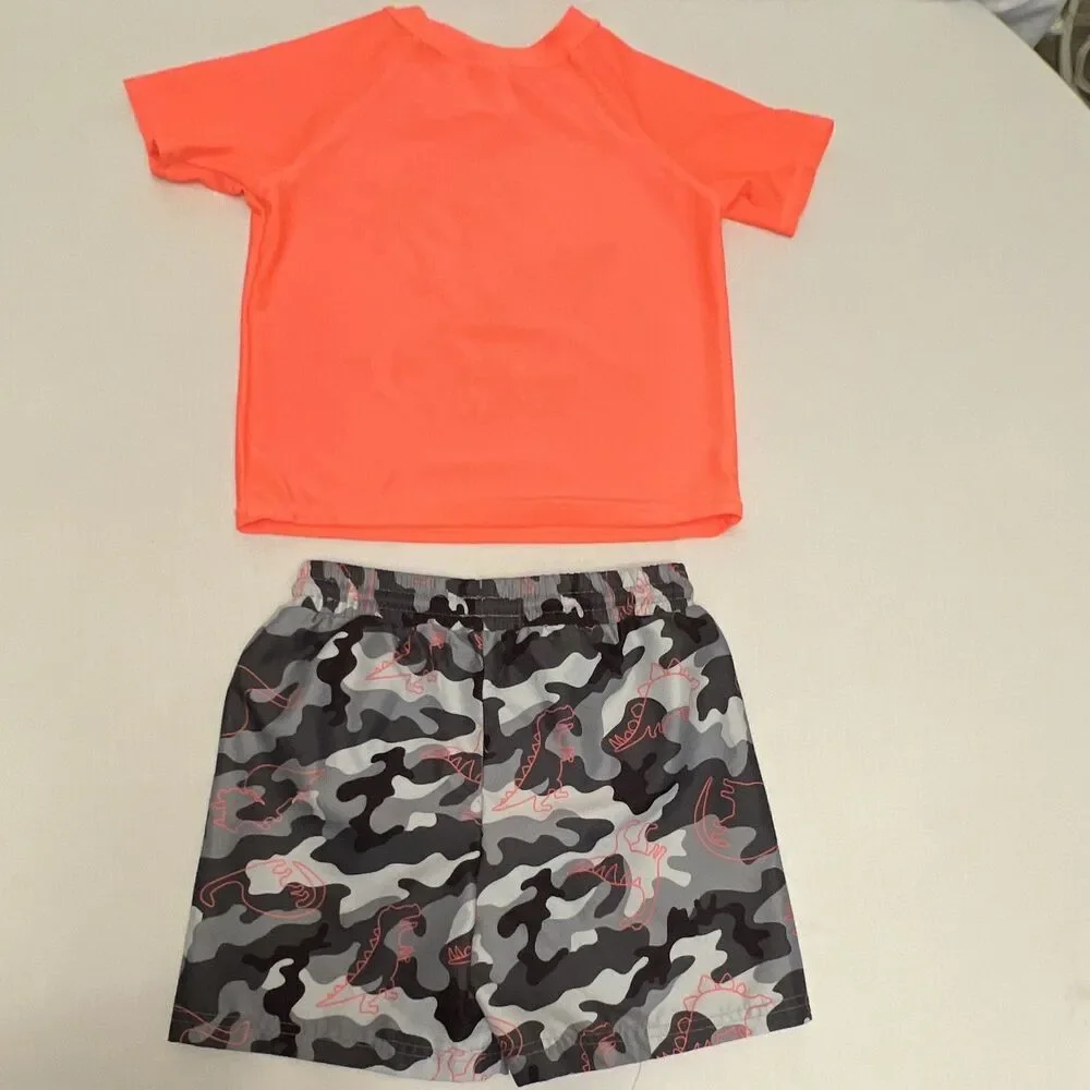Jumping Beans Boys 5T 2-Piece Swim Set Orange Dino Swim Shirt & Camo Trunks